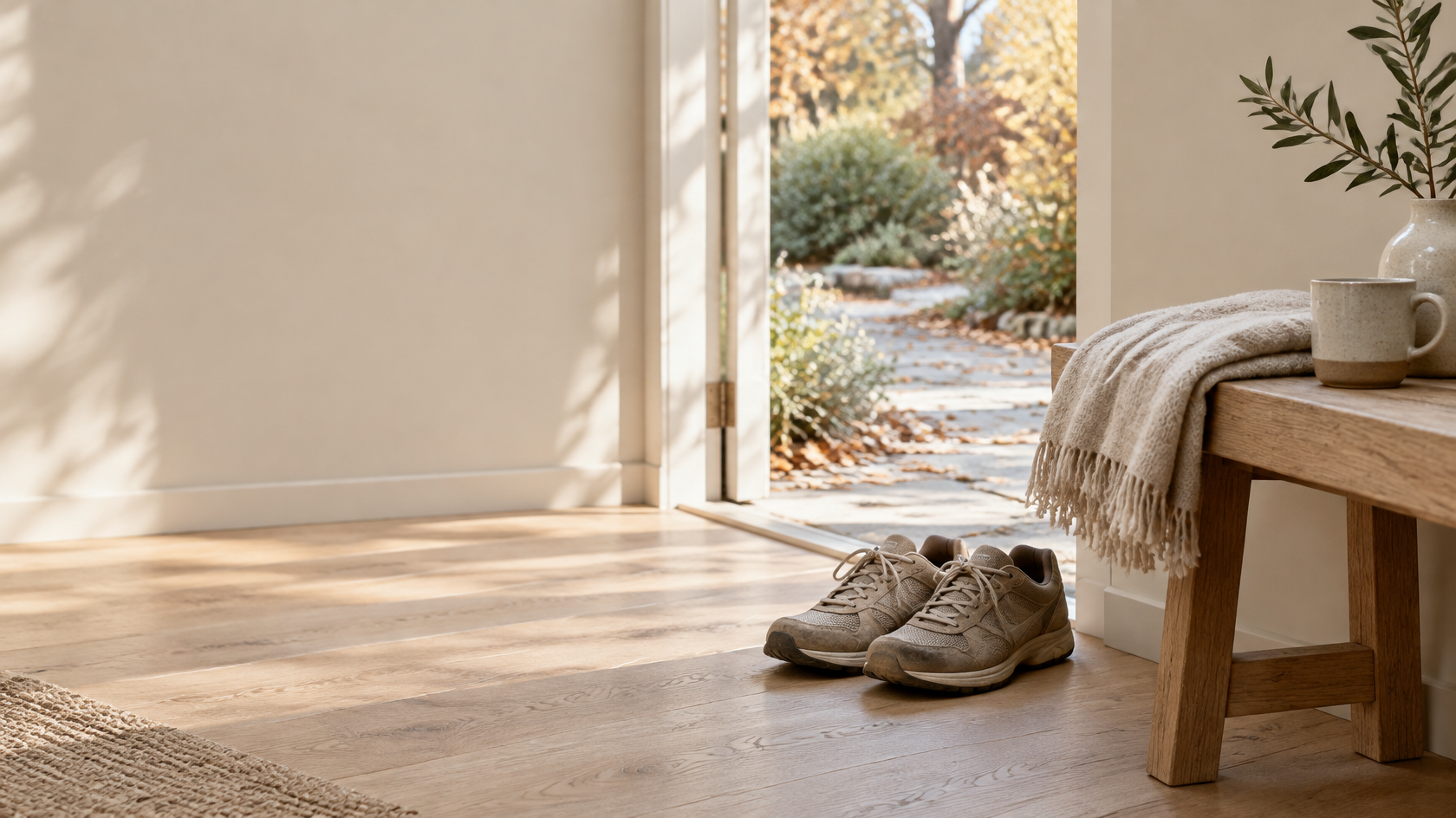 A pair of worn walking shoes on a light oak floor by an open door to a sunlit garden path, next to a wooden bench with a linen throw and an olive sprig