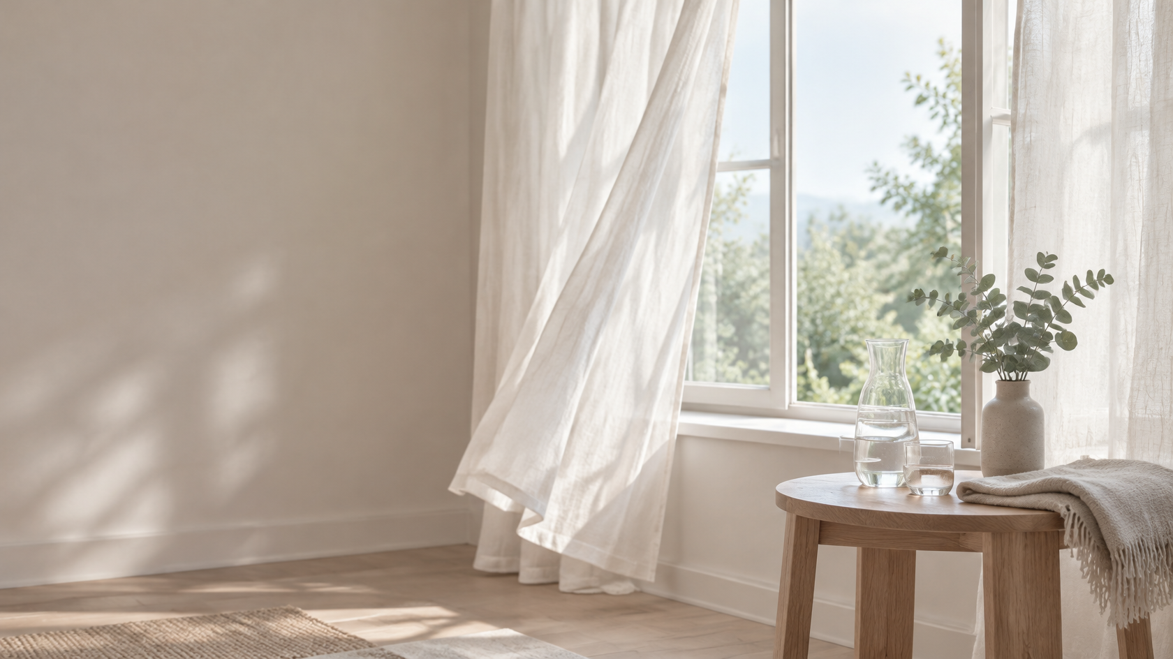 An open window with sheer cream linen curtains moving in a cool breeze beside a small oak table with a carafe of water and a sprig of eucalyptus