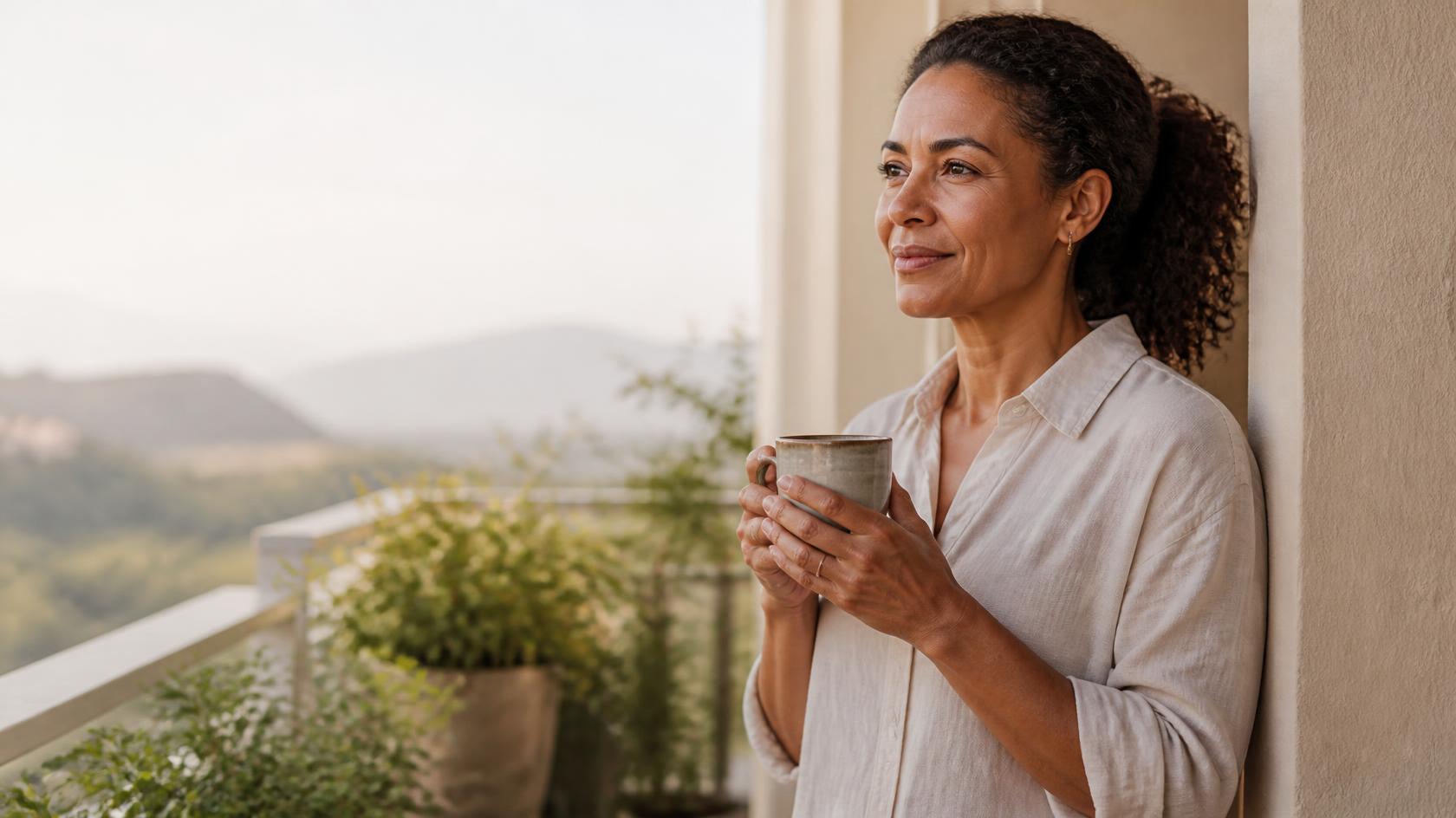 A woman in her mid-forties standing on a sunlit balcony with a mug, looking out calmly at the morning light.