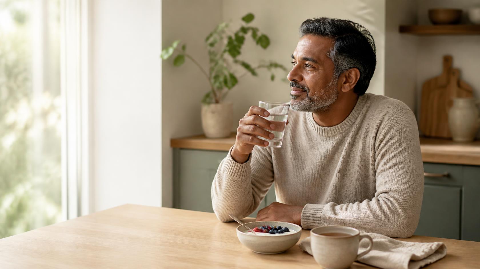 A man in his late forties sitting at a sunlit kitchen table with a glass of water and a light breakfast, looking calmly out the window.