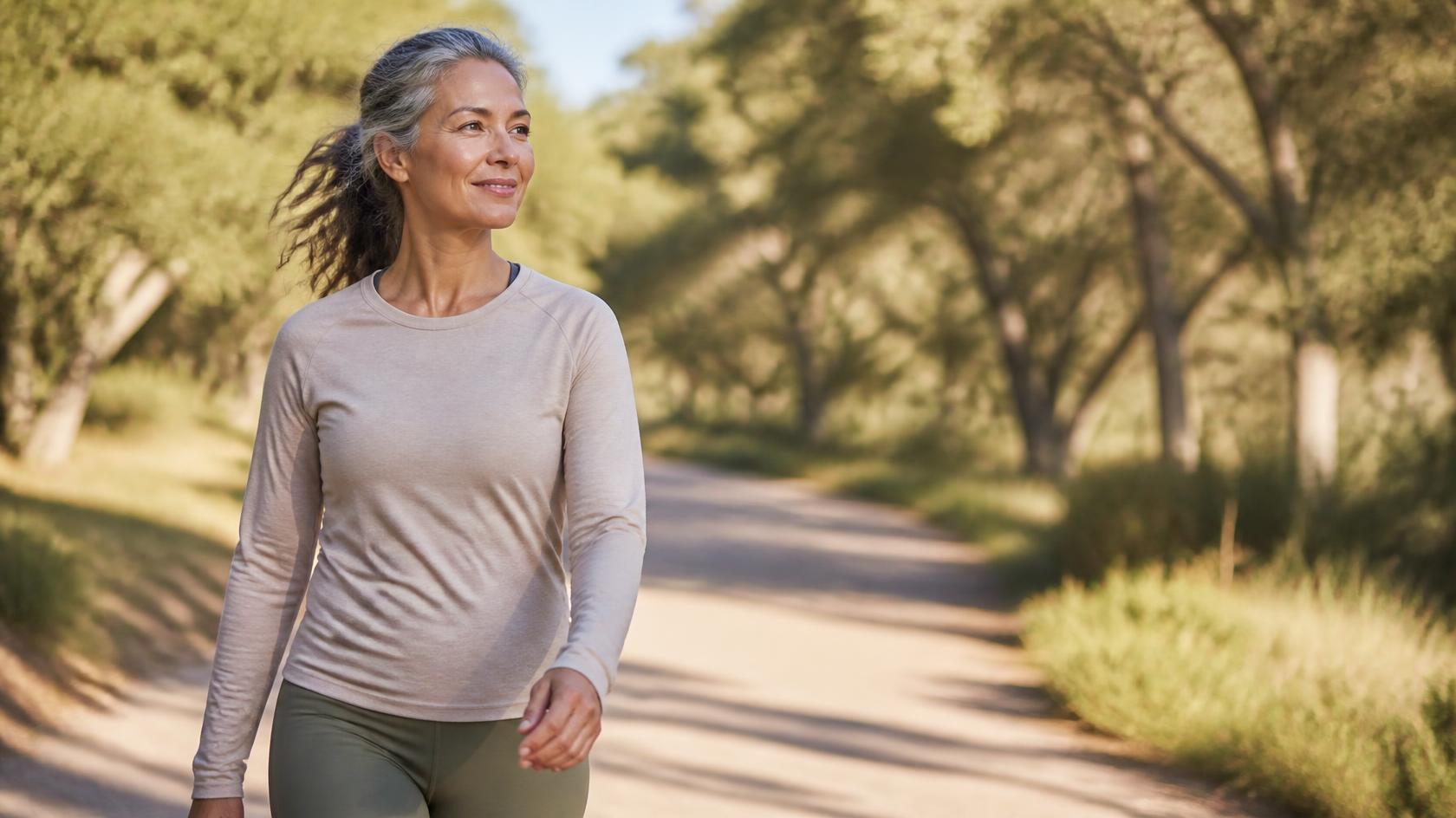 A woman in her early fifties walking outdoors on a sunlit path in the morning, relaxed and smiling.